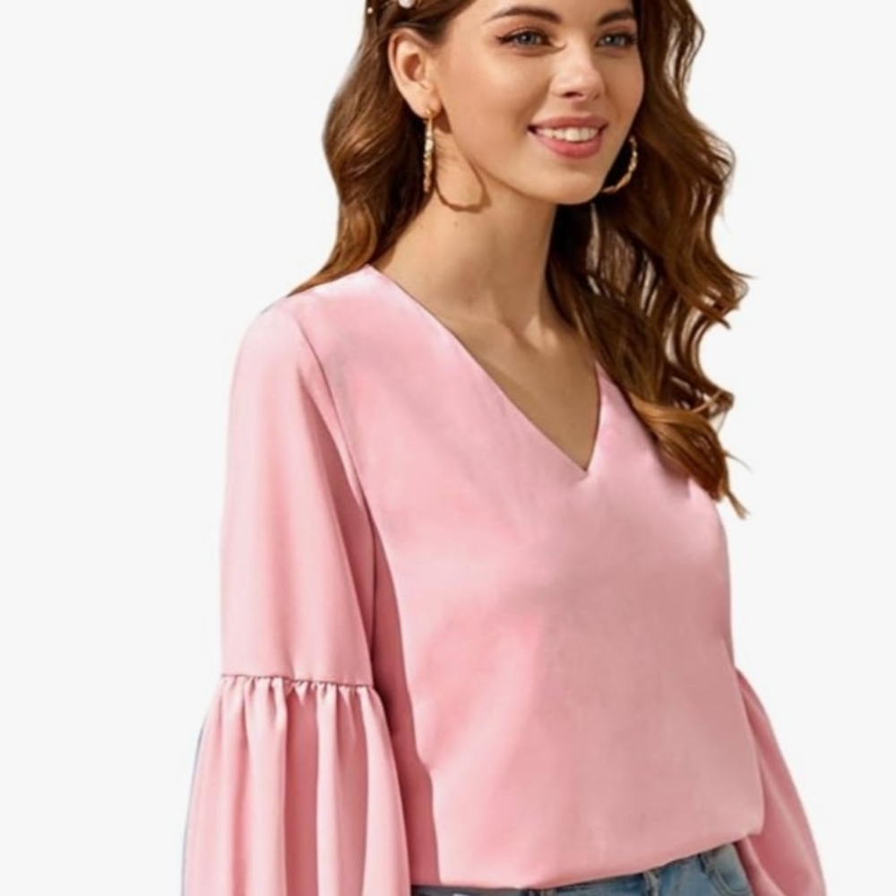 Make Me Chic Elegant Pink V-Neck Women's Top Size Large - Picture 3 of 12
